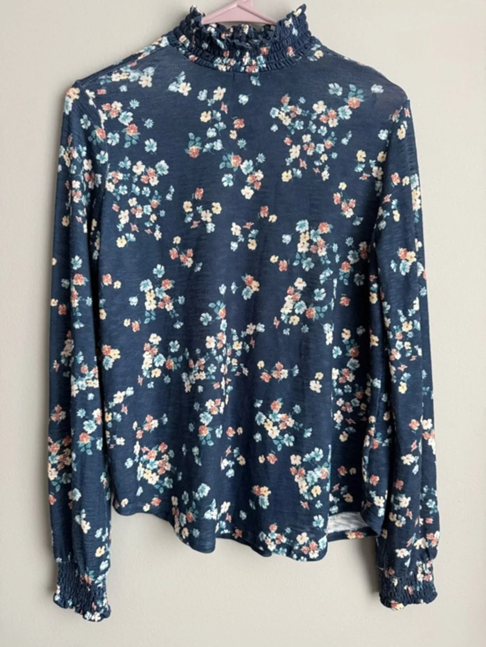 Y2K Floral Mock Neck Top Blue Long Sleeve Ruffle Soft Girl Coquette Size S